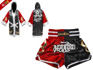 Muay Thai Set for kids - Custom Muay Thai Boxing Robe + Muay Thai Shorts :143-Red-Black