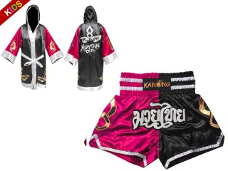 Muay Thai Set for kids - Custom Muay Thai Boxing Robe + Muay Thai Shorts :143-Rose-Black