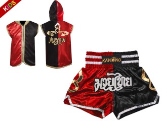 Muay Thai Set for kids - Custom Muay Thai Hoodies + Muay Thai Shorts :SHOHOD-143-Red-Black