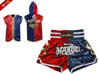 Muay Thai Set for kids - Custom Muay Thai Hoodies + Muay Thai Shorts :SHOHOD-143-Red-Navy