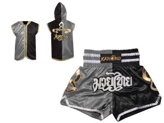 Muay Thai set - Customize Muay Thai Hoodies + Muay Thai Shorts :SHOHOD-143-Silver-Black