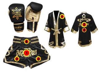 Muay Thai Gloves + Custom Muay Thai Boxing Robe + Custom Muay Thai Shorts : Black Lai Thai
