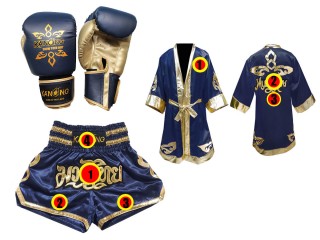 Muay Thai Gloves + Custom Muay Thai Boxing Robe + Custom Muay Thai Shorts : Navy Lai Thai