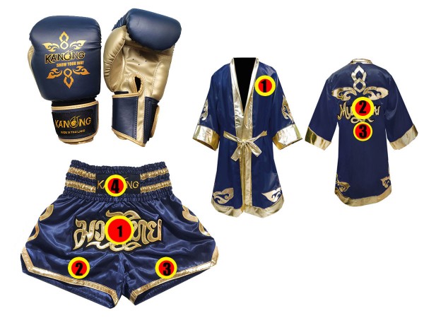 Muay Thai Gloves + Custom Muay Thai Boxing Robe + Custom Muay Thai Shorts :  Navy Lai Thai