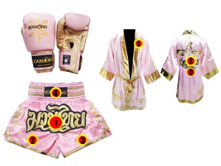 Muay Thai Gloves + Custom Muay Thai Boxing Robe + Custom Muay Thai Shorts : Pink Lai Thai