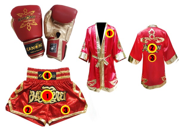 Muay Thai Gloves + Custom Muay Thai Boxing Robe + Custom Muay Thai Shorts :  Red Lai Thai