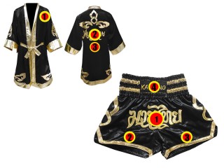 Muay Thai Gift set - Custom Muay Thai Boxing Robe + Muay Thai Shorts : Black Lai Thai