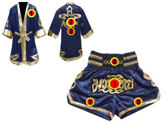 Muay Thai Bundle - Custom Muay Thai Boxing Robe + Muay Thai Shorts : Navy Lai Thai