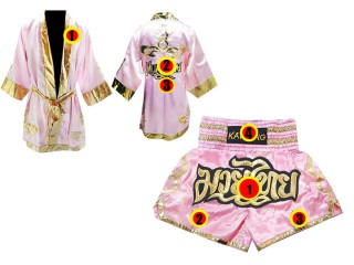 Muay Thai Gift set - Custom Muay Thai Boxing Robe + Muay Thai Shorts : Pink Lai Thai