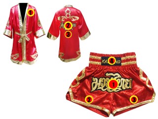Custom Muay Thai Boxing Robe + Custom Muay Thai Shorts outfits : Red Lai Thai