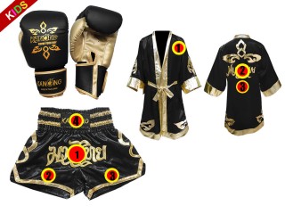 Muay Thai Kids Set - Boxing Gloves + Custom Boxing Robe + Custom Muay Thai Shorts : Black Lai Thai