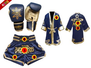 Muay Thai Kids Set - Boxing Gloves + Custom Boxing Robe + Custom Muay Thai Shorts : Navy Lai Thai