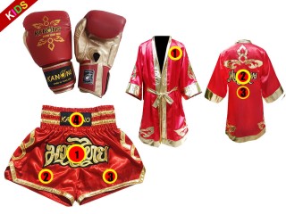 Muay Thai Kids Set - Boxing Gloves + Custom Boxing Robe + Custom Muay Thai Shorts : Red Lai Thai