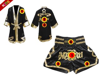 Muay Thai Set for kids - Custom Muay Thai Boxing Robe + Muay Thai Shorts : Black Lai Thai