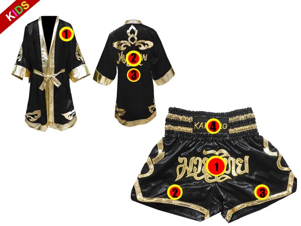 Muay Thai Set for kids - Custom Muay Thai Boxing Robe + Muay Thai Shorts :  Black Lai Thai