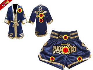 Muay Thai Set for kids - Custom Muay Thai Boxing Robe + Muay Thai Shorts : Navy Lai Thai