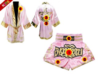 Muay Thai Set for kids - Custom Muay Thai Boxing Robe + Muay Thai Shorts : Pink Lai Thai