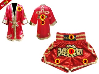 Muay Thai Set for kids - Custom Muay Thai Boxing Robe + Muay Thai Shorts : Red Lai Thai