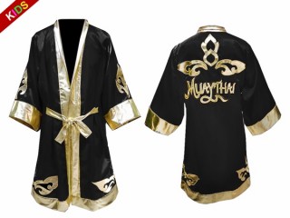 Kanong Kids Muay Thai Boxing Robe: Black Lai Thai