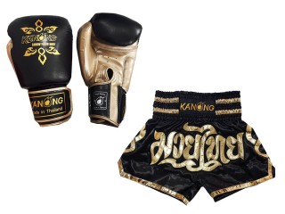 Kanong Muay Thai Power Boxing Gloves + Kanong Custom Muay Thai Shorts KNS-121-Black