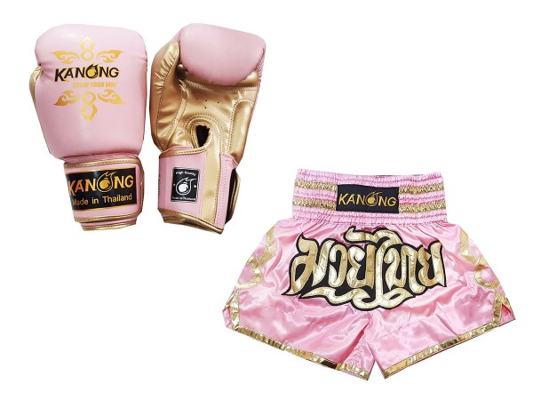 Kanong Muay Thai Power Boxing Gloves + Kanong Custom Muay Thai Shorts KNS-121-Pink