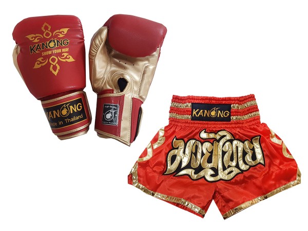 Kanong Muay Thai Power Boxing Gloves + Kanong Custom Muay Thai Shorts KNS-121-Red