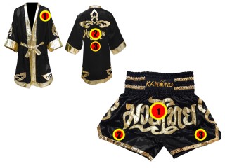 Custom Muay Thai Boxing Robe + Custom Muay Thai Shorts outfits : Black Lai Thai