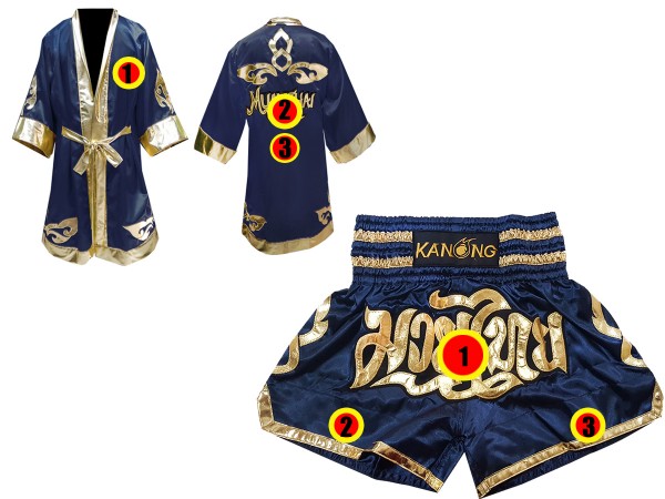 Custom Muay Thai Boxing Robe + Custom Muay Thai Shorts outfits : Navy Lai Thai
