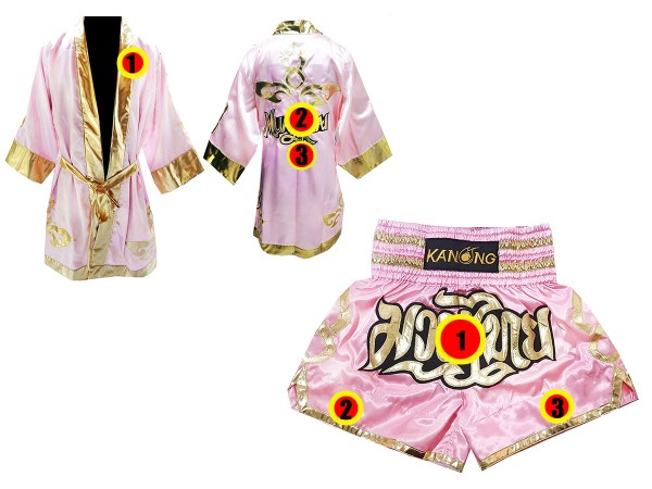 Custom Muay Thai Boxing Robe + Custom Muay Thai Shorts outfits : Pink Lai Thai