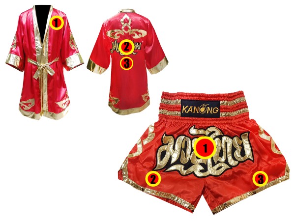 Custom Muay Thai Boxing Robe + Custom Muay Thai Shorts outfits : Red Lai Thai