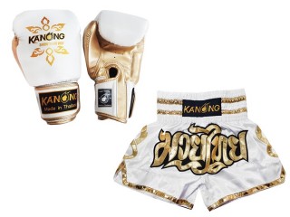 Kanong Muay Thai Power Boxing Gloves + Kanong Custom Muay Thai Shorts KNS-121-White