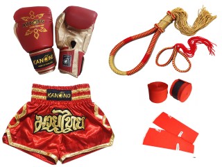 Boxing Gloves + Muay Thai Shorts + Muay Thai Gear Set : Set-121-Red