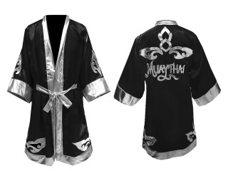 Customize Muay Thai Boxing Robe: Black-Silver Lai Thai