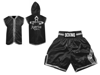 Custom Boxing Hoodies + Custom Boxing Shorts : KNCUSET-008-Black-Silver