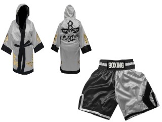 Boxing Set - Custom Boxing Robe + Boxing Shorts  : KNCUSET-105-Black-Silver