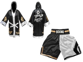 Boxing Bundle - Custom Boxing Robe + Boxing Shorts  : KNCUSET-105-Black-White