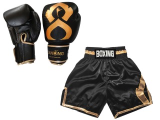 Bundle - Real Leather Boxing Gloves + Custom Boxing Shorts : KNCUSET-201-Black-Gold