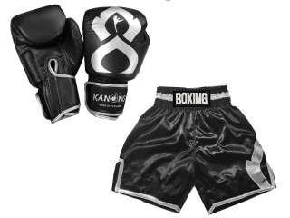 Bundle - Real Leather Boxing Gloves + Custom Boxing Shorts : KNCUSET-201-Black-Silver