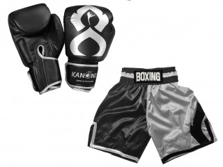 Bundle - Real Leather Boxing Gloves + Custom Boxing Shorts : KNCUSET-202-Black-Silver