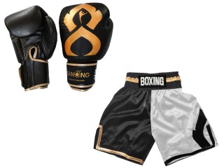 Bundle - Real Leather Boxing Gloves + Custom Boxing Shorts : KNCUSET-202-Black-White