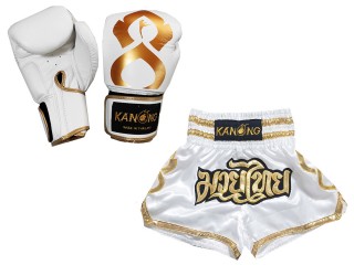 Bundle - Real Leather Boxing Gloves + Custom Muay Thai Shorts : Set-121-Thaikick-White