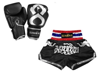 Bundle - Real Leather Boxing Gloves + Custom Muay Thai Shorts : Set-125-Gloves-Thaikick-Black