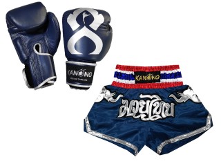 Bundle - Real Leather Boxing Gloves + Custom Muay Thai Shorts : Set-125-Gloves-Thaikick-Navy