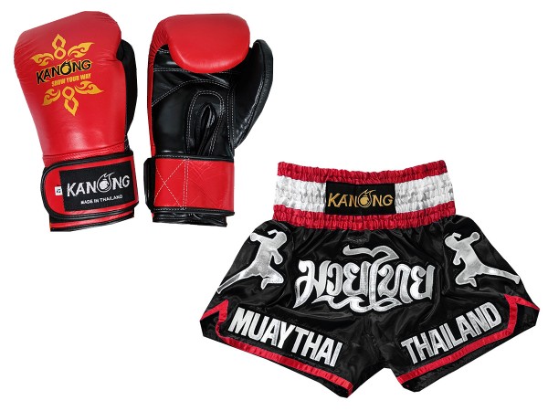 Bundle Real Leather Boxing Gloves Custom Muay Thai Shorts Set 133 Gloves Black Kanongwear