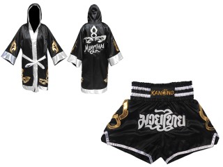Muay Thai Bundle - Custom Muay Thai Boxing Robe + Muay Thai Shorts : Set-143-Black