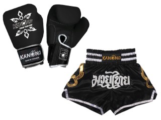 Bundle - Real Leather Boxing Gloves + Custom Muay Thai Shorts : Set-143-Gloves-Black