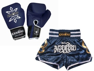 Bundle - Real Leather Boxing Gloves + Custom Muay Thai Shorts : Set-143-Gloves-Navy