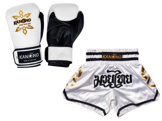 Bundle - Real Leather Boxing Gloves + Custom Muay Thai Shorts : Set-143-Gloves-White