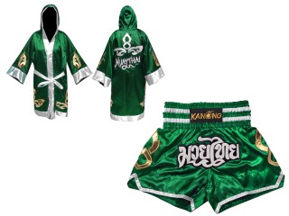 Muay Thai Bundle - Custom Muay Thai Boxing Robe + Muay Thai Shorts : Set-143-Green