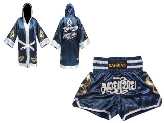 Muay Thai Bundle - Custom Muay Thai Boxing Robe + Muay Thai Shorts : Set-143-Navy